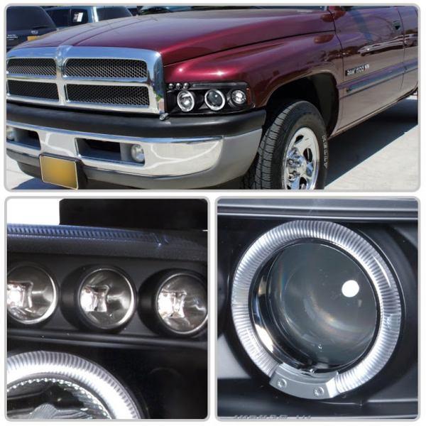 94-01 Dodge Ram Pickup 1PC Angel Eye Halo / LED Projector Headlights ...