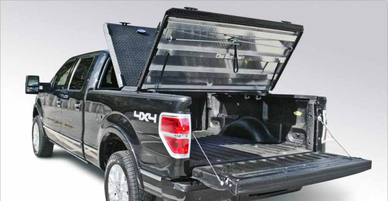 Open DiamondBack HD truck bed cover on Ford F150