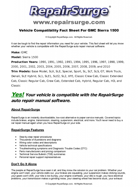 GMC Sierra 1500 Service Repair Manual Compatibility Fact Sheet 1990 ...